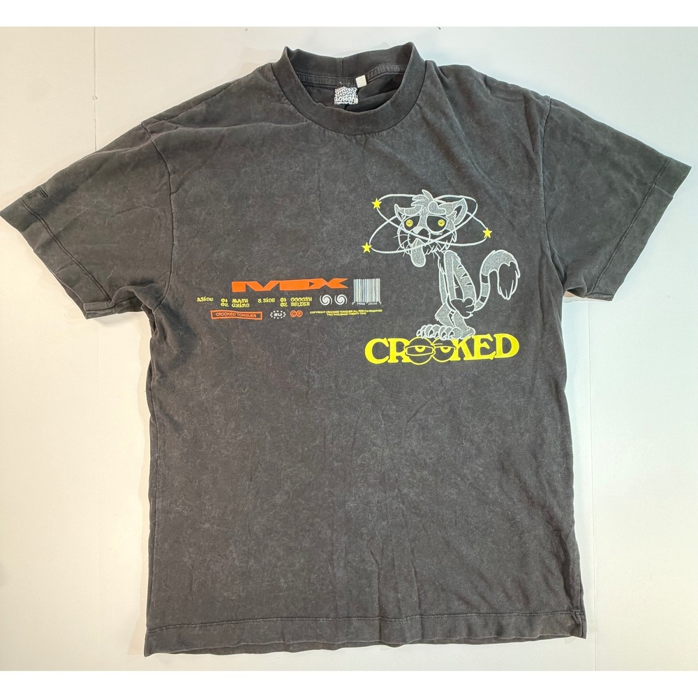 Crooked Tongues Mens Graphic T-Shirt Black Faded Cartoon Cat Streetwear Size M - Picture 2 of 5